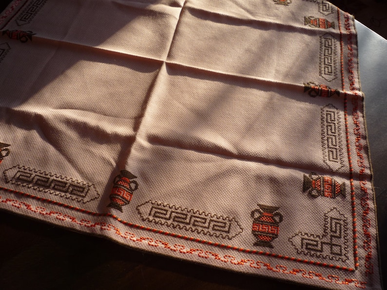 Traditional Bulgarian Motives Folk Art Embroidery Vintage Doily Hand Embroidered Small Tablecloth from 1970 s Kitchen Decor