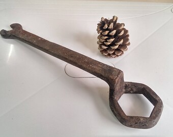 Antique Hand-Forged Wrench for Wheel Axle of the Wagon, Primitive Farmhouse Tool, Very Old Rusty Iron Wrench from 1900s