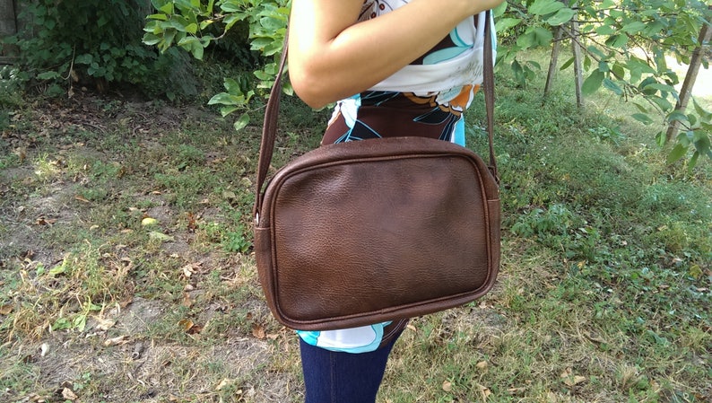 Vintage Brown Leather Bag, Shoulder Faux Leather Bag, Lady Bag with Strap from 1970s, Gift Idea image 2