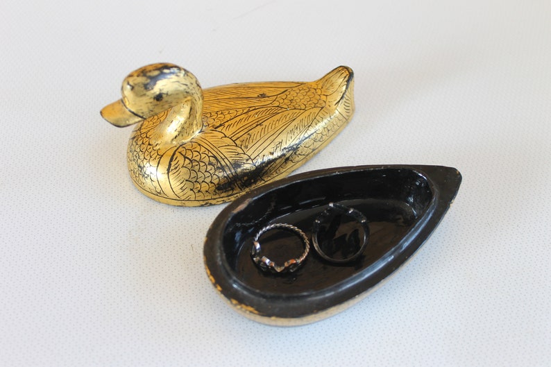 Vintage Jewelry Box Ring Duck Box Gold Black Duck Box Rare Old Wood Box with Lid from 1970 s