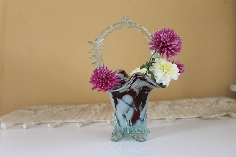 Vintage Art Glass Basket Hand Blown Glass Vase Handmade Etsy