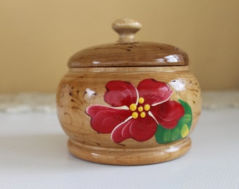 Vintage Sugar Bowl, Wood Glass Sugar Bowl with Lid, Hand decorated Flower Bowl, Rustic Kitchen Decor