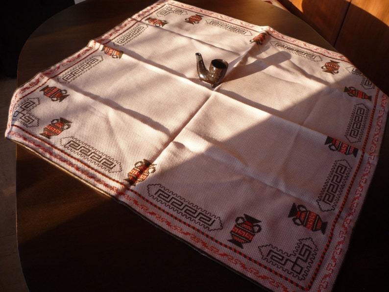 Traditional Bulgarian Motives Folk Art Embroidery Vintage Doily Hand Embroidered Small Tablecloth from 1970 s Kitchen Decor