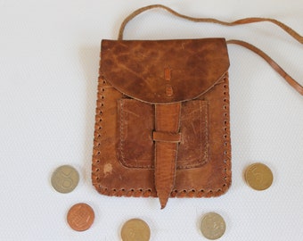 Sac à main vintage, portefeuille en cuir véritable repoussé à la main, porte-monnaie, pochette pour pièce de monnaie en cuir véritable marron beige des années 1970