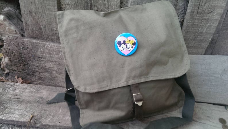Student bag Vintage Shoulder Canvas Bag Unused Bag USSR type Cold War Messenger Khaki Canvas Bag from 1970 s Mickey and Mini Mouse Badge