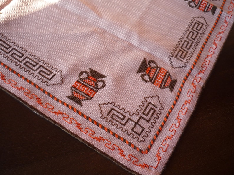 Traditional Bulgarian Motives Folk Art Embroidery Vintage Doily Hand Embroidered Small Tablecloth from 1970 s Kitchen Decor