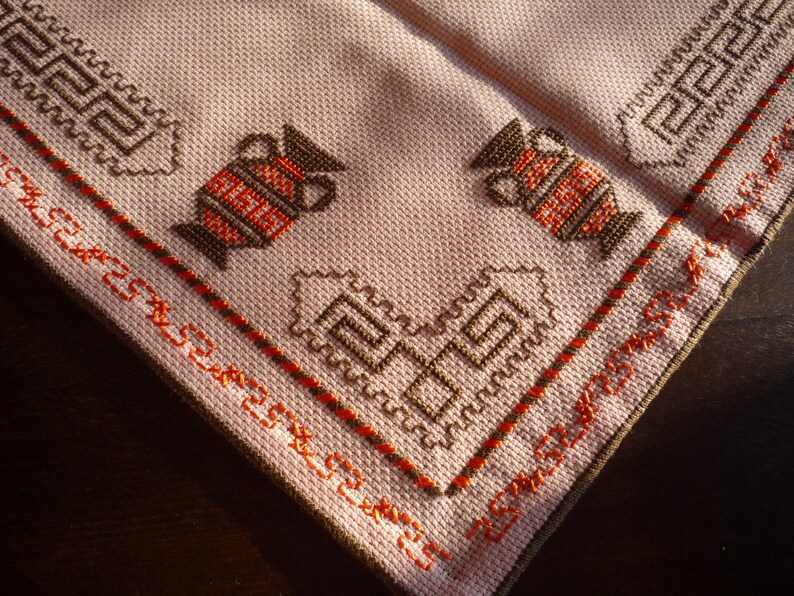 Traditional Bulgarian Motives Folk Art Embroidery Vintage Doily Hand Embroidered Small Tablecloth from 1970 s Kitchen Decor