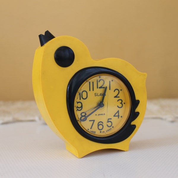 horloge vintage, réveil poulet jaune, horloge mécanique de travail SLAVA, horloge russe, horloge rétro