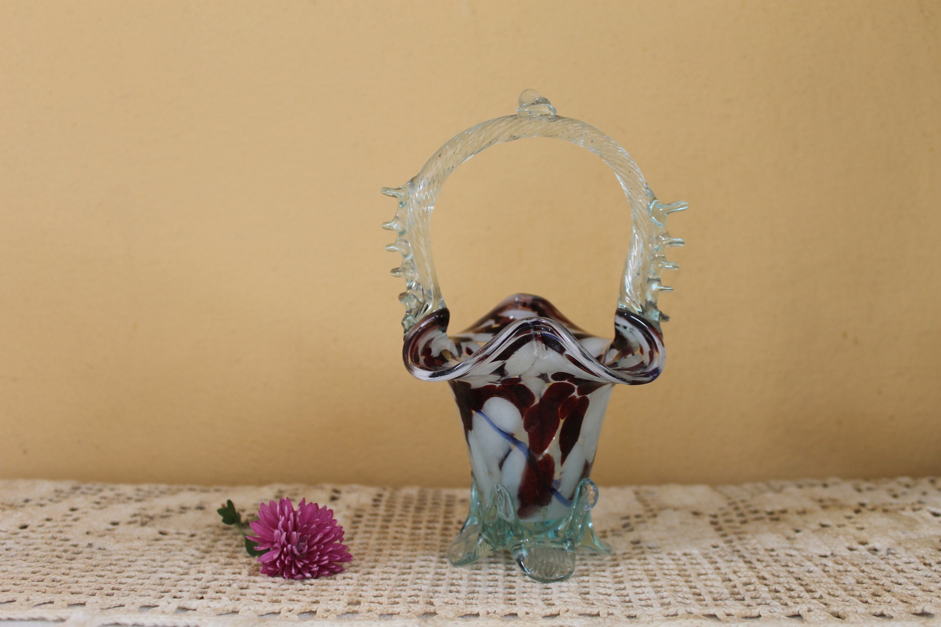 Vintage Art Glass Basket Hand Blown Glass Vase Handmade Etsy