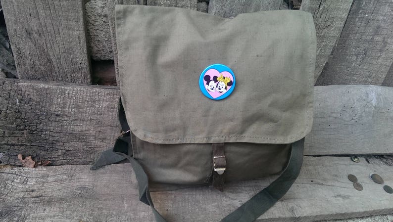Student bag Vintage Shoulder Canvas Bag Unused Bag USSR type Cold War Messenger Khaki Canvas Bag from 1970 s Mickey and Mini Mouse Badge
