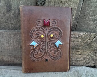 Antique Brown Real Leather Portfolio, Vintage Folding Hand Tooled Leather Book Cover, Leather folder, Retro Office Decor, Gift Idea