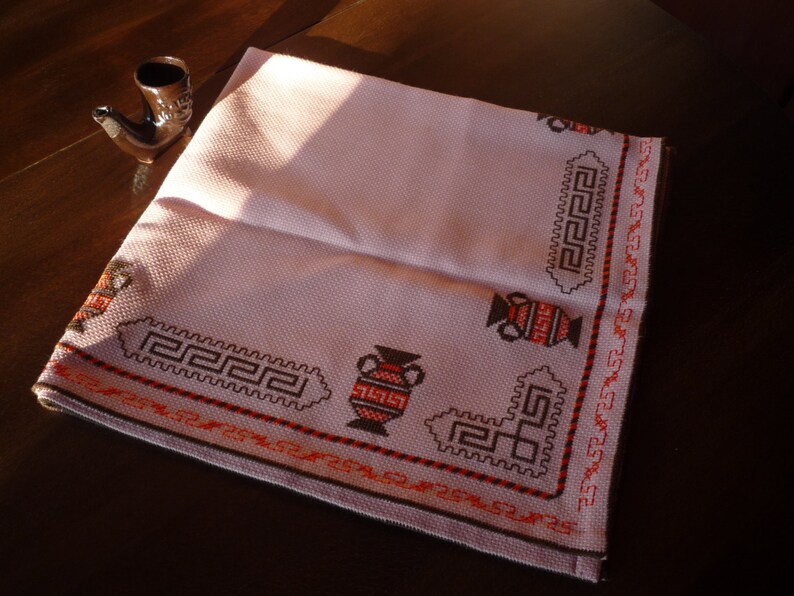 Traditional Bulgarian Motives Folk Art Embroidery Vintage Doily Hand Embroidered Small Tablecloth from 1970 s Kitchen Decor