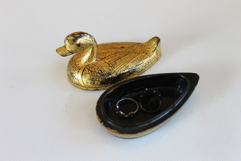 Vintage Jewelry Box Ring Duck Box Gold Black Duck Box Rare Old Wood Box with Lid from 1970 s
