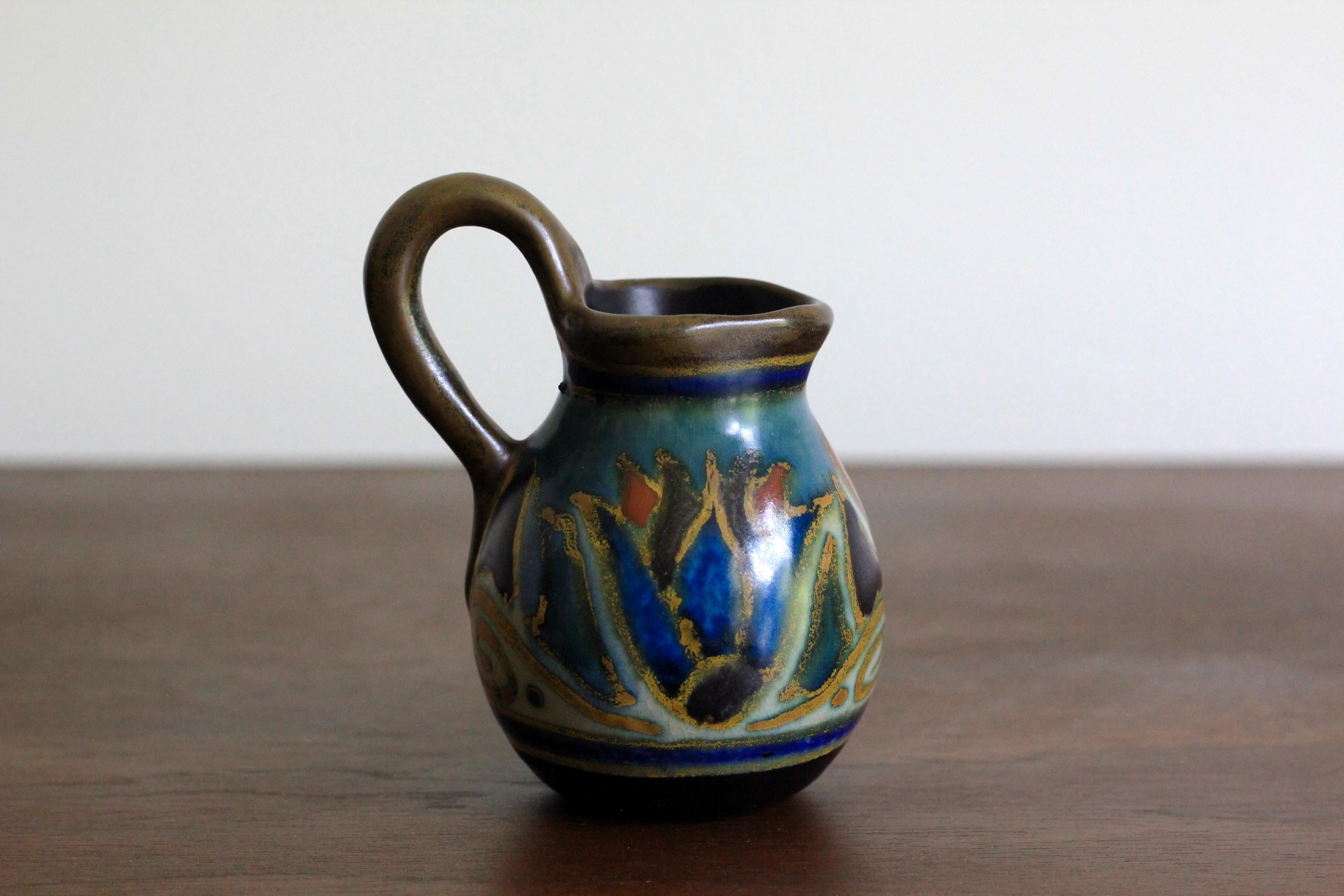 1920s Floral Gouda Holland Vase, Art Deco Pottery, Small Pitcher