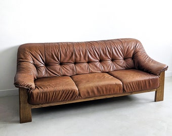 Brutalistyczna sofa z drewna i skóry z lat 70