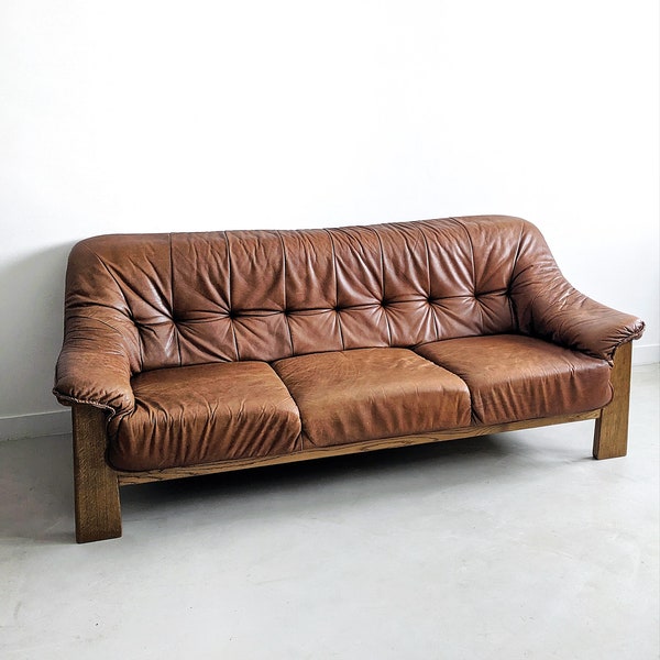 Brutalist Wood & Leather Sofa 1970's