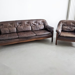 Brutalist Set of Leather Sofa and Loungechair by Hain & Thome 1970&#39;s