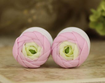 Wedding plugs and gauges - soft pink ranunculus flesh tunnels