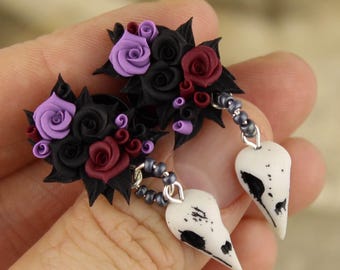 Gothic tunnels ear plugs - black flower bird skull gauge earrings