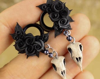 Gothic Black Rose Ear Plugs: Bird Skull Dangle Gauges