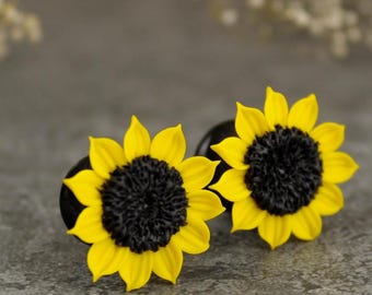 Handmade Sunflower Plug Earrings: Acrylic Gauges, Summer Jewelry