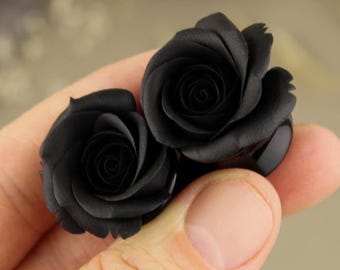 Black rose plug earrings - Gothic wedding gauges and tunnels