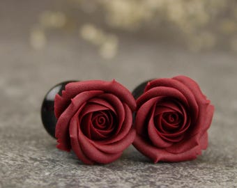Fall wedding gauges Maroon rose earring plugs Floral jewelry for stretched ears