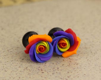 Rainbow rose ear plug and tunnels - gauge earrings LGBTQ+