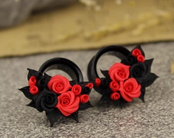 Red black ear tunnels - wedding plugs earrings