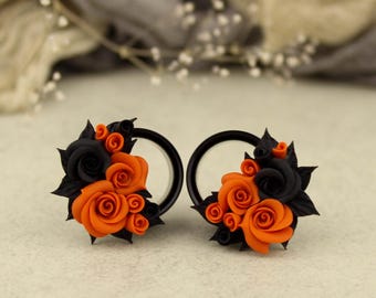 Fall wedding ear tunnels - burnt orange flower gauges and plugs