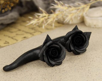 Gothic wedding fake gauges - faux spiral earrings - black rose