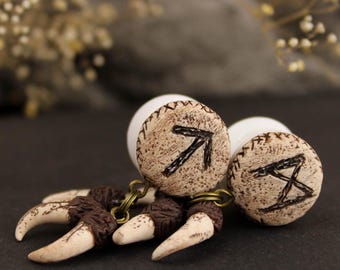 Viking earrings with Norse runes ear piercing Gauges and tunnels Guy dangle earrings with horns fangs PLUG - STUD