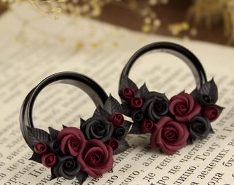 Black Rose Ear Tunnels: Burgundy Flower Bridal Gauges