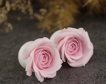 Bridal gauge earrings plugs Pastel pink rose flesh tunnels for wedding Custom design earrings
