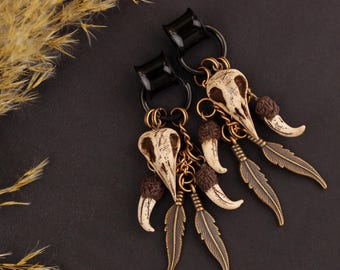 Raven Skull Dangle Earrings: Tribal Feather Boho Plugs