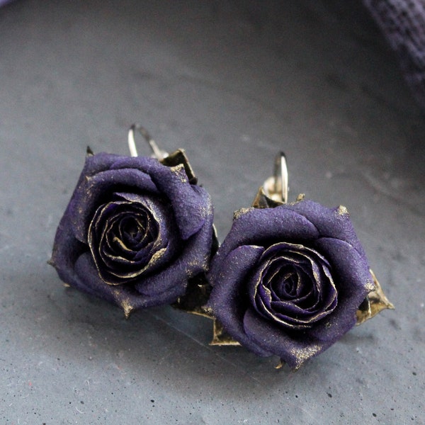 Girlfriend birthday gift ideas for her Dark purple earrings Gold rose earrings Purple flower earrings gothic earrings evening earrings