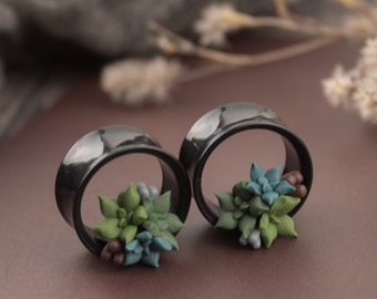 Green succulent tunnel earrings Unique Xmas gift for sister daughter girlfriend Floral ear plugs Flower gauges Wedding plug earrings Bridal