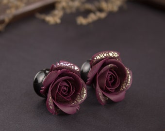 Burgundy rose ear plugs and gauges Wedding ear tunnels Dark red gold flower ear plugs Maroon floral ear stretcher Bridesmaids gift for her