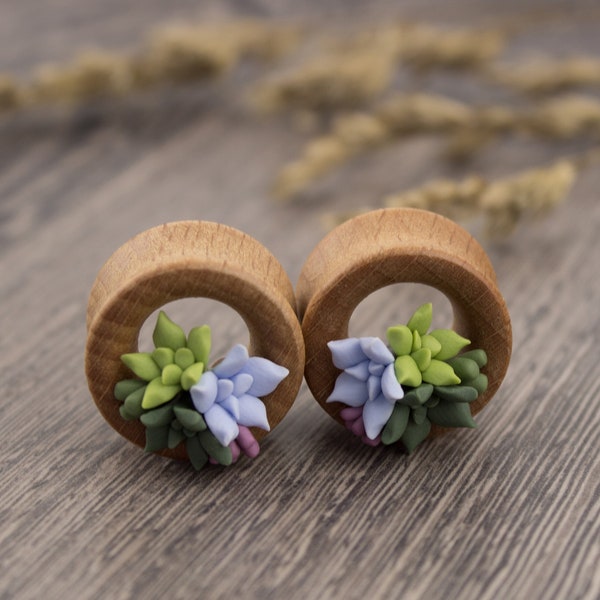 Tiny succulent ear tunnels Stretched ear jewelry Wedding ear plugs Cool gift for girlfriend Wood tunnels Flower gauges 0g 00g 12mm 14mm 16mm