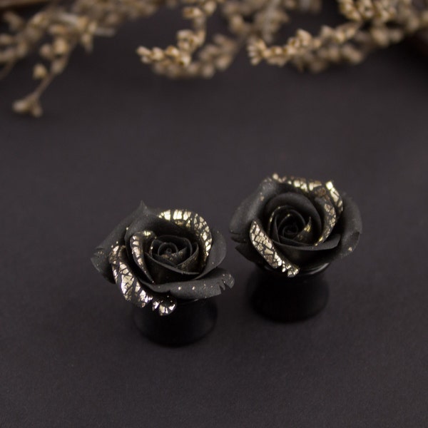 Black rose gauge earrings Golden flower plugs and tunnels Gothic ear plugs Steampunk Unique 8g 6g 4g 2g 0g 00g 12mm 14mm 16mm 18mm 20mm