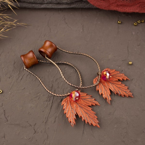 Unique hoop hangers for tunnels drop dangle plugs Ear weights Autumn gauge earrings Fall leaf burnt orange red Wooden tunnels 00g 0g 14mm