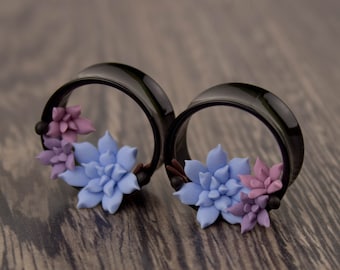 Cute ear tunnels Blue pink lavender succulent ear tunnels Stretched ears plugs and gauges 16mm 18mm 14mm 20mm 24mm 12mm Unique gift idea