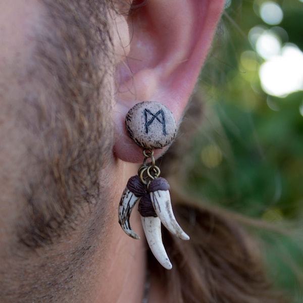 Viking earrings for men earrings studs plug and tunnels Husband gift idea fang earrings tusk ear plug Norse rune custom jewelry Futhark