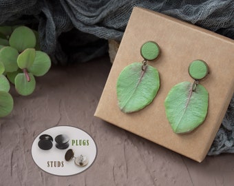 Green Eucalyptus leaf stud earrings Floral plugs and tunnels Tropical summer gauges Beach Wedding jewelry double single flared