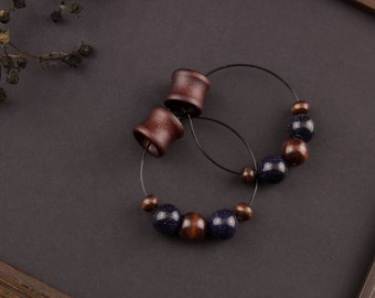 Xmas gift for best friend Hoop hangers Dark blue stone ear weights Wooden tunnels 0g 00g 12mm 14mm 16mm 20mm 3/8" 9/16" 5/16" 5/8" 15/32"