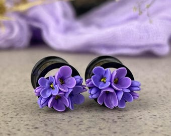 Lilac flowers ear tunnels piercing - wedding plug gauge earrings