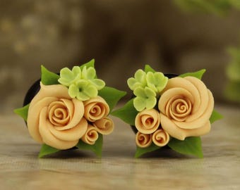 Wedding plugs earrings - peach green floral flesh tunnels