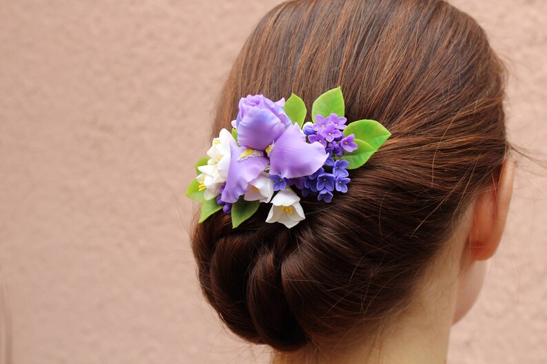 Bridal hair flower Woodland wedding accessory Floral head piece Iris jewelry Floral barrette White hair flower hair piece Lilac Jasmine