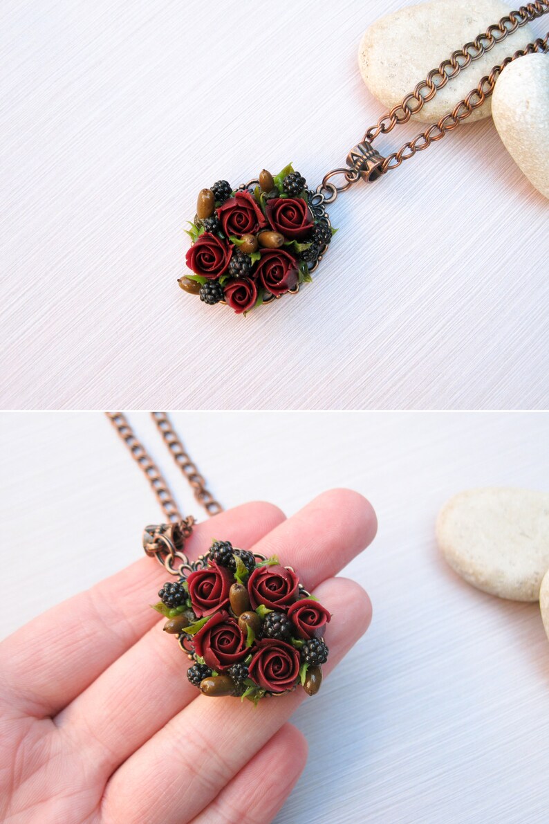 Gift for woman Rustic wedding jewelry Fall wedding jewelry Autumn wedding necklace Flower jewelry Flower earrings Flower necklace Dark red image 8