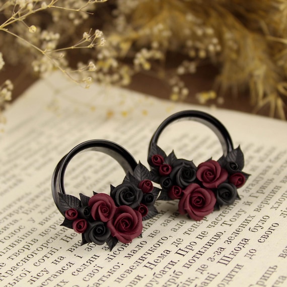 Black Rose Ear Tunnels: Burgundy Flower Bridal Gauges